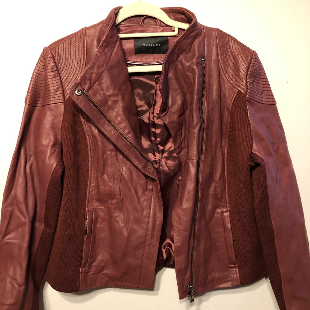 Tahari lambskin leather woven Moto  jacket XL